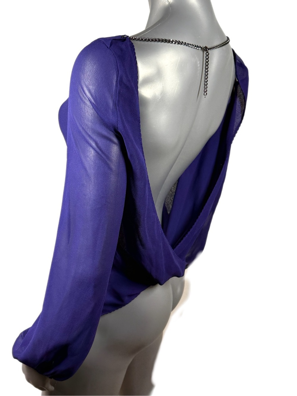Armani Exchange | Vintage Sheer Purple Long-Sleeve Blouse Chain Neckline back - Picture 8 of 14